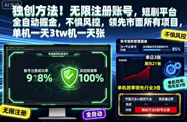 独创方法！无限注册账号，短剧平台全自动掘金，不惧风控，领先市面所有项目，单机一天3张【揭秘】-铜臭网