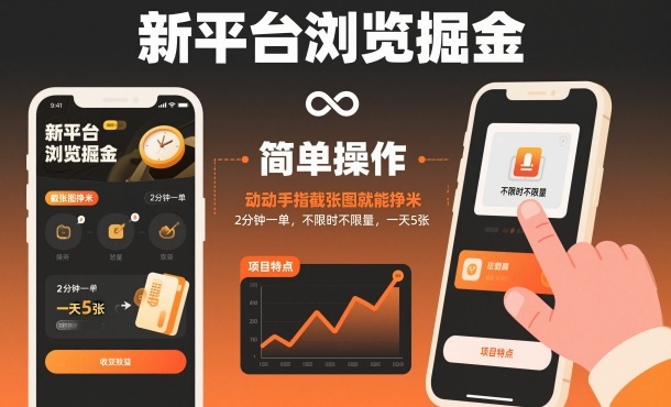 新平台浏览掘金，动动手指截张图就能挣米，2分钟一单，不限时不限量，一天5张【揭秘】-铜臭网