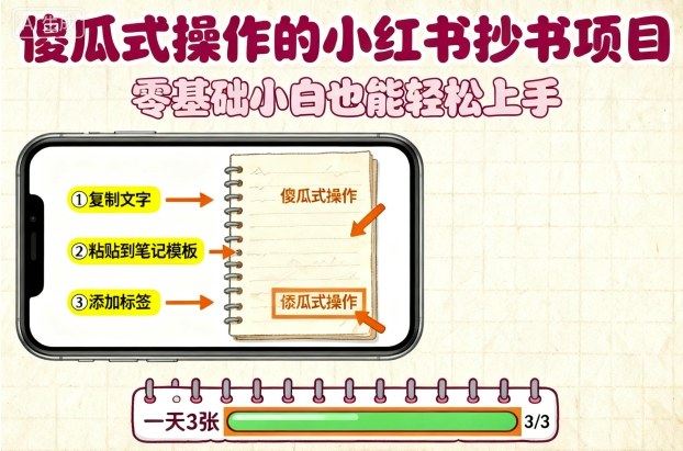 傻瓜式操作的小红书抄书项目，会复制粘贴就行，零基础小白也能一天3张-铜臭网