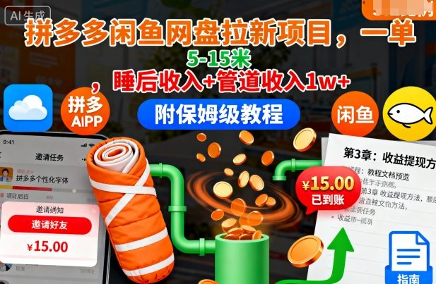 拼多多闲鱼网盘拉新项目，一单5-15米，睡后收入+管道收入1w+(附保姆级教程)-铜臭网