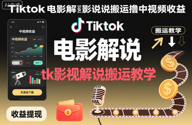 Tiktok电影解说搬运撸中视频收益，tk影视解说搬运教学-铜臭网