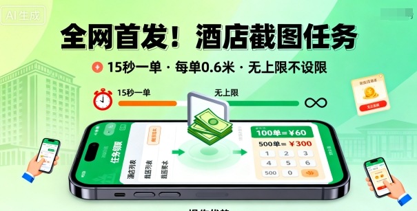 全网首发！酒店截图任务，15秒一单，每单0.6米，任务无上限不设限，矩阵操作单日3张到手【揭秘】-铜臭网