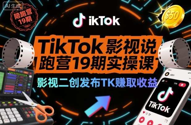 TikTok影视解说陪跑营19期实操课，影视二创发布TK賺取收益，万播收益50美金-铜臭网