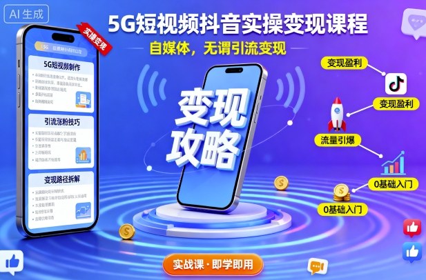 5G短视频抖音实操变现课程，自媒体，无谓引流变现-铜臭网