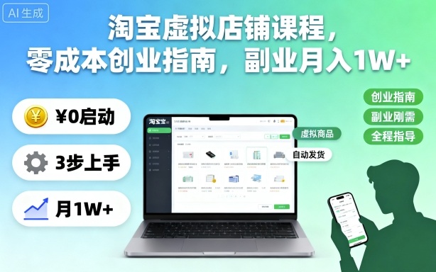 淘宝虚拟店铺课程，零成本创业指南，副业月入1W+-铜臭网