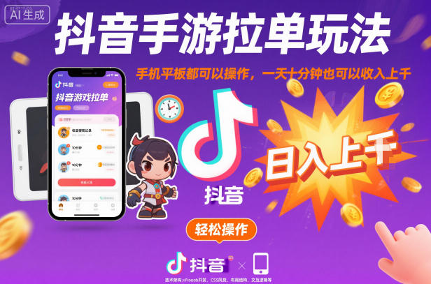 抖音手游拉单玩法，手机平板都可以操作，一天十分钟也可以收入上K【揭秘】-铜臭网