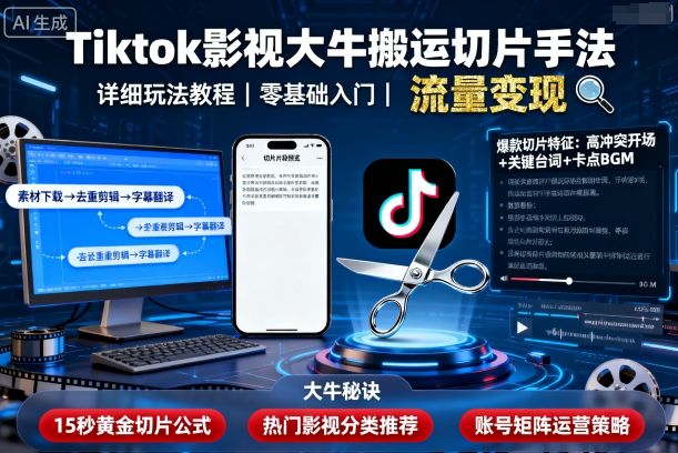 Tiktok影视大牛搬运切片手法，详细玩法教程-铜臭网