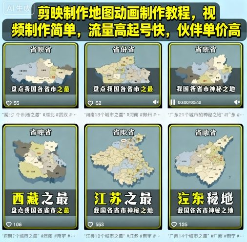 剪映制作地图动画制作教程，视频制作简单，流量高起号快，伙伴单价高-铜臭网