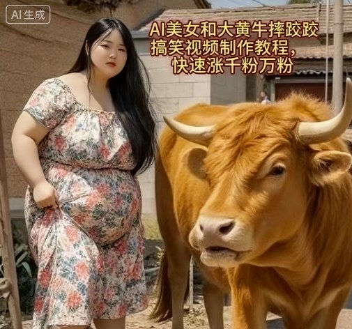 AI美女和大黄牛摔跤搞笑荒诞视频制作教程，快速涨千粉万粉-铜臭网
