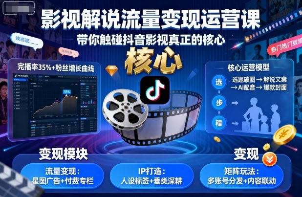 影视解说流量变现运营课，带你触碰抖音影视真正的核心-铜臭网