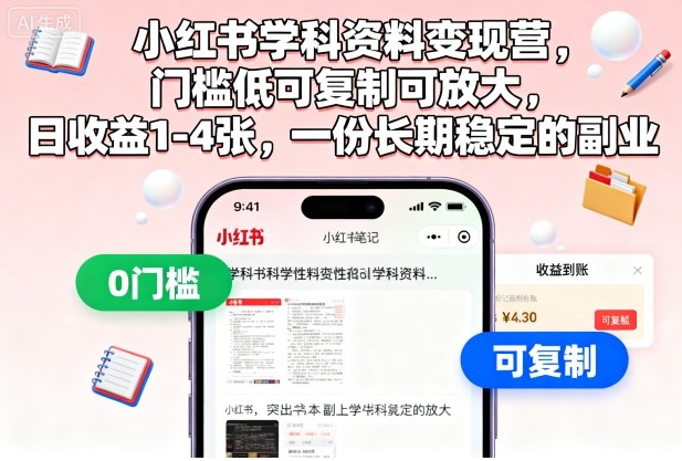 小红书学科资料变现营，门槛低可复制可放大，日收益1-4张，一份长期稳定的副业-铜臭网