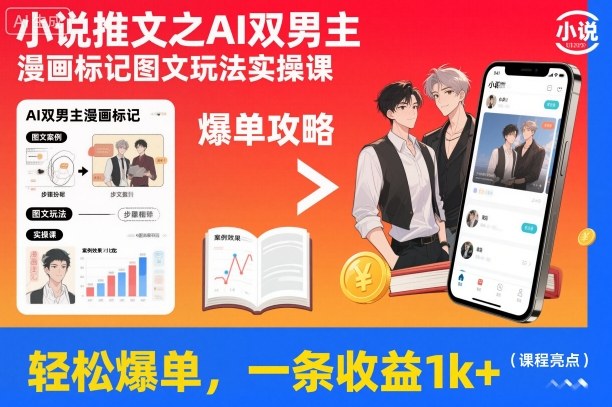 小说推文之AI双男主漫画标记图文玩法实操课，轻松爆单，一条收益1k+-铜臭网