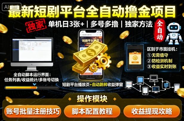 最新短剧平台全自动挂G撸金项目，单机一天3张+，多号多撸，区别于市面所有挂机项目，独家方法【揭秘】-铜臭网