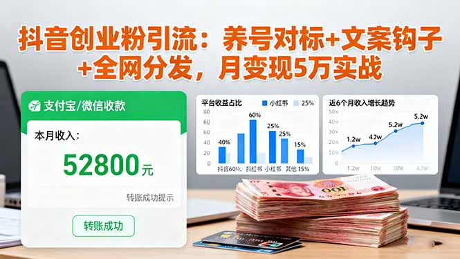 抖音创业粉引流：养号对标+文案钩子+全网分发，月变现5万实战-铜臭网