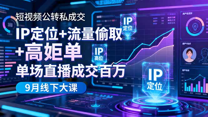 短视频公转私成交9月线下大课,IP定位+流量偷取+高客单,单场直播成交百万-铜臭网
