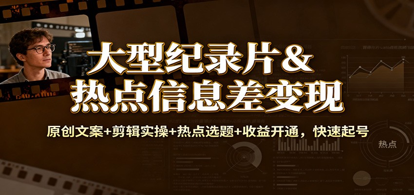 大型纪录片&热点信息差变现：原创文案+剪辑实操+热点选题+收益开通，快速起号-铜臭网