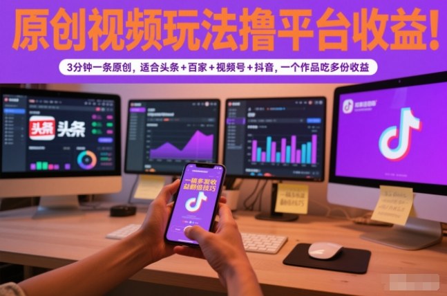 原创视频玩法撸平台收益，3分钟一条原创，适合头条+百家+视频号+抖音，一个作品吃多份收益-铜臭网