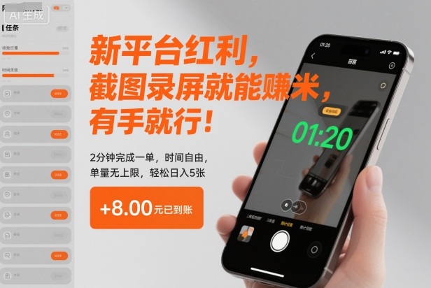 新平台红利，截图录屏就能賺米，有手就行！2分钟完成一单，时间自由，单量无上限，轻松日入5张【揭秘】-铜臭网