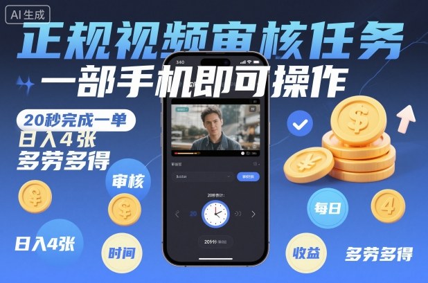 正规视频审核任务，一部手机即可操作，20秒完成一单，日入4张，多劳多得【揭秘】-铜臭网