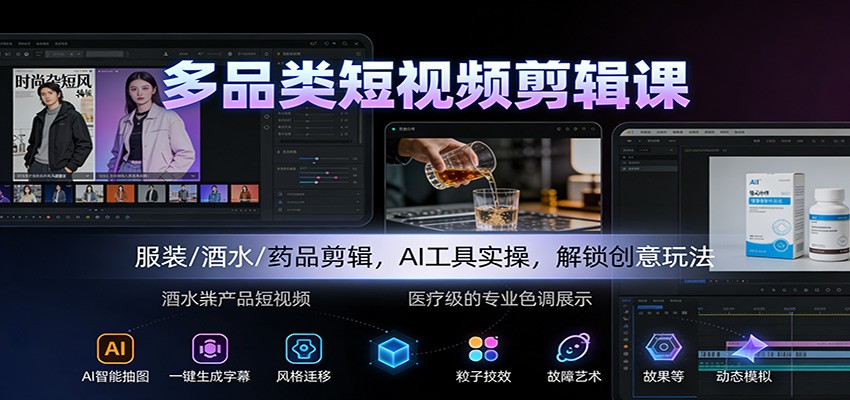 多品类短视频剪辑课：服装/酒水/药品剪辑，AI工具实操，解锁创意玩法-铜臭网