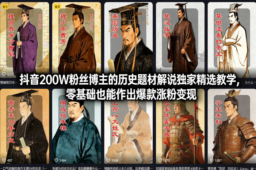 抖音200W粉丝博主的历史题材解说独家精选教学，零基础也能作出爆款涨粉变现-铜臭网