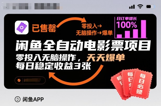 闲鱼全自动电影票项目,零投入无脑操作,天天爆单,每日稳定收益3张【揭秘】-铜臭网
