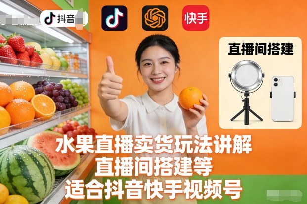 水果直播卖货玩法讲解、直播间搭建等，适合抖音快手视频号-铜臭网