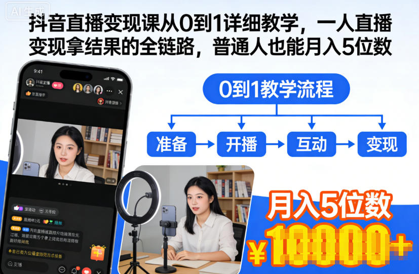 抖音直播变现课从0到1详细教学，一人直播变现拿结果的全链路，普通人也能月入5位数-铜臭网