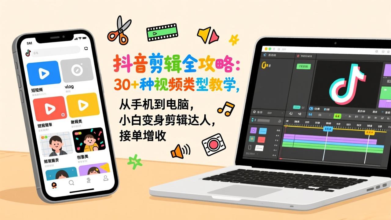 抖音剪辑全攻略：30+种视频类型教学，从手机到电脑，小白变身剪辑达人，接单增收-铜臭网