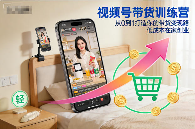 视频号带货训练营，从0到1打造你的带货变现路，低成本在家创业-铜臭网