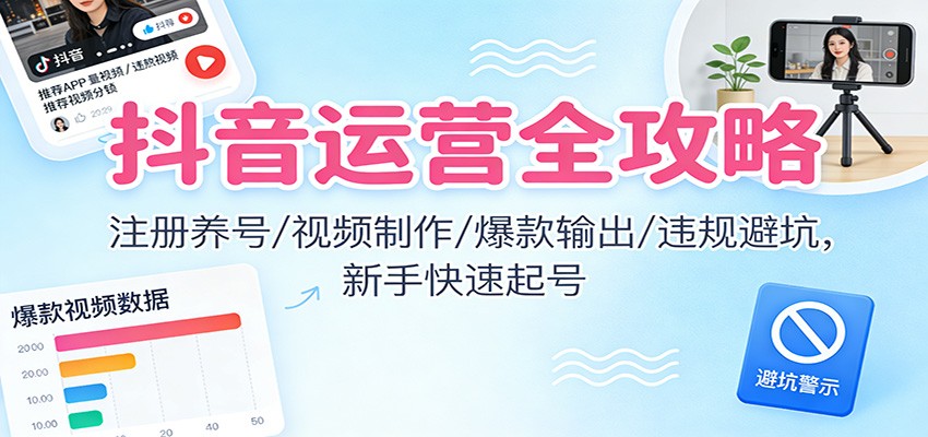 抖音运营全攻略：注册养号/视频制作/爆款输出/违规避坑，新手快速起号-铜臭网