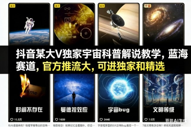 抖音某大V独家宇宙科普解说教学，蓝海赛道，官方推流大，可进独家和精选-铜臭网