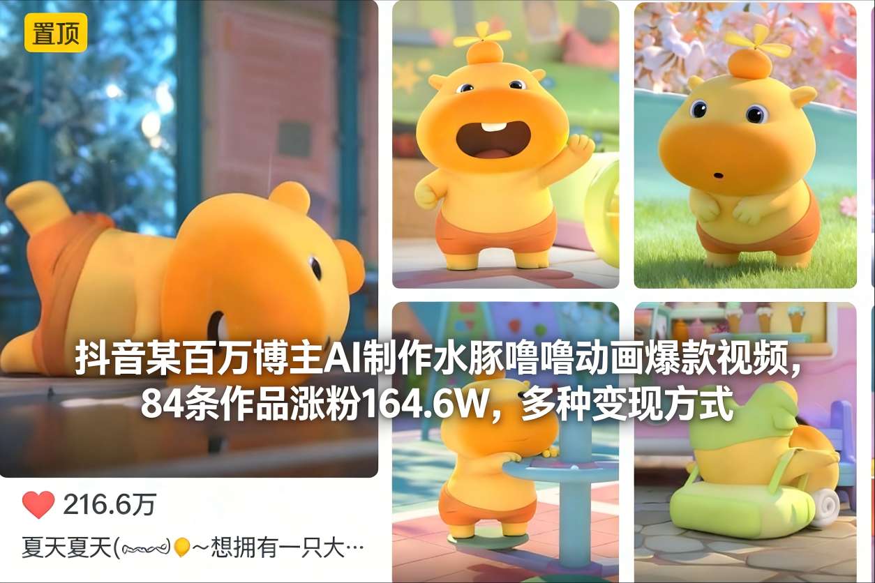 抖音某百万博主AI制作水豚噜噜动画爆款视频，84条作品涨粉164.6W，多种变现方式-铜臭网