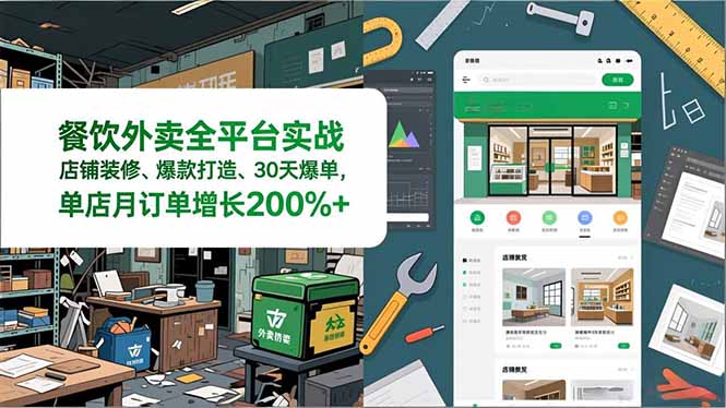 餐饮外卖全平台实战，店铺装修、爆款打造、30天爆单，手把手教学，单店月订单增长200%+-铜臭网