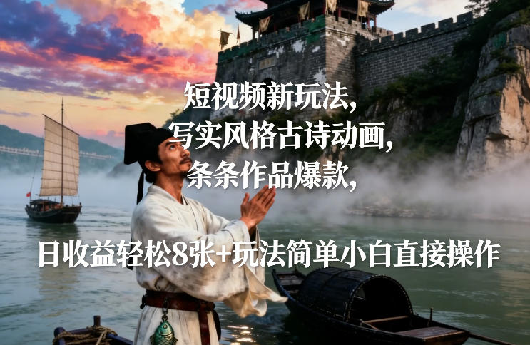 短视频新玩法，写实风格古诗动画，条条作品爆款，日收益轻松8张+玩法简单小白直接操作-铜臭网