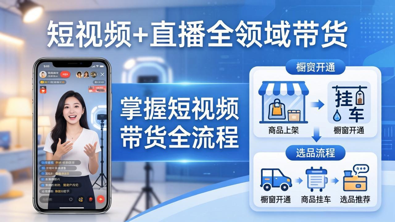 短视频+直播全领域带货-更新：掌握橱窗开通、挂车、选品、爆款文案改编等短视频带货全流程-铜臭网