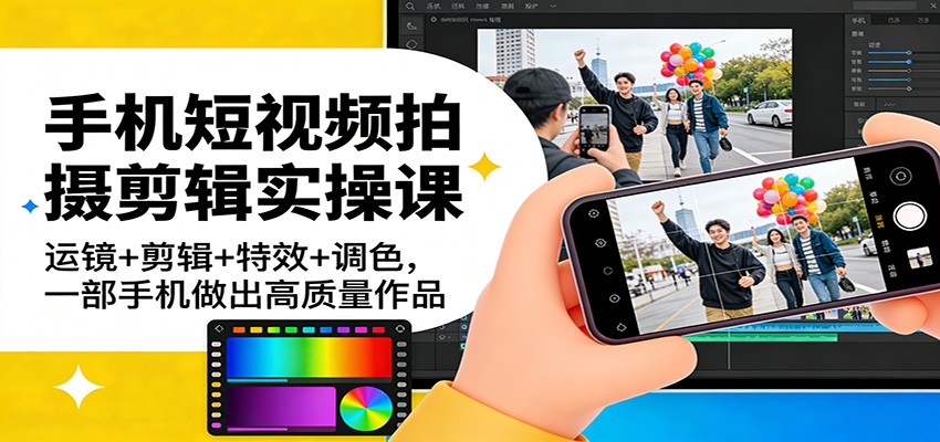 手机短视频拍摄剪辑实操课：运镜+剪辑+特效+调色，一部手机做出高质量作品-铜臭网