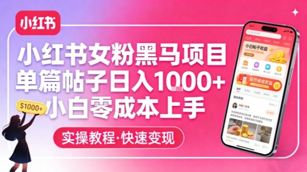 小红书女粉黑马项目，单篇帖子日入1k+，小白零成本上手-铜臭网