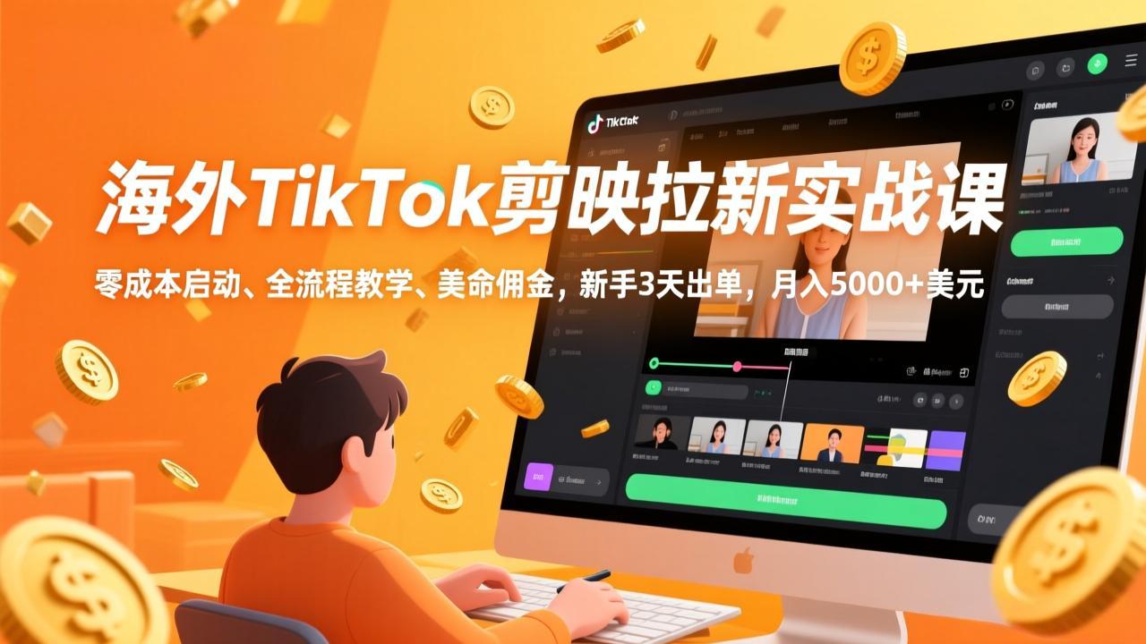 海外TikTok剪映拉新实战课，零成本启动、全流程教学、美金佣金，新手3天出单，月入5000+美元-铜臭网
