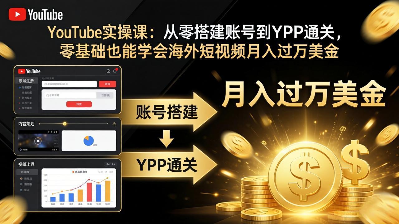 YouTube实操课：从零搭建账号到YPP通关，零基础也能学会海外短视频月入过万美金-铜臭网