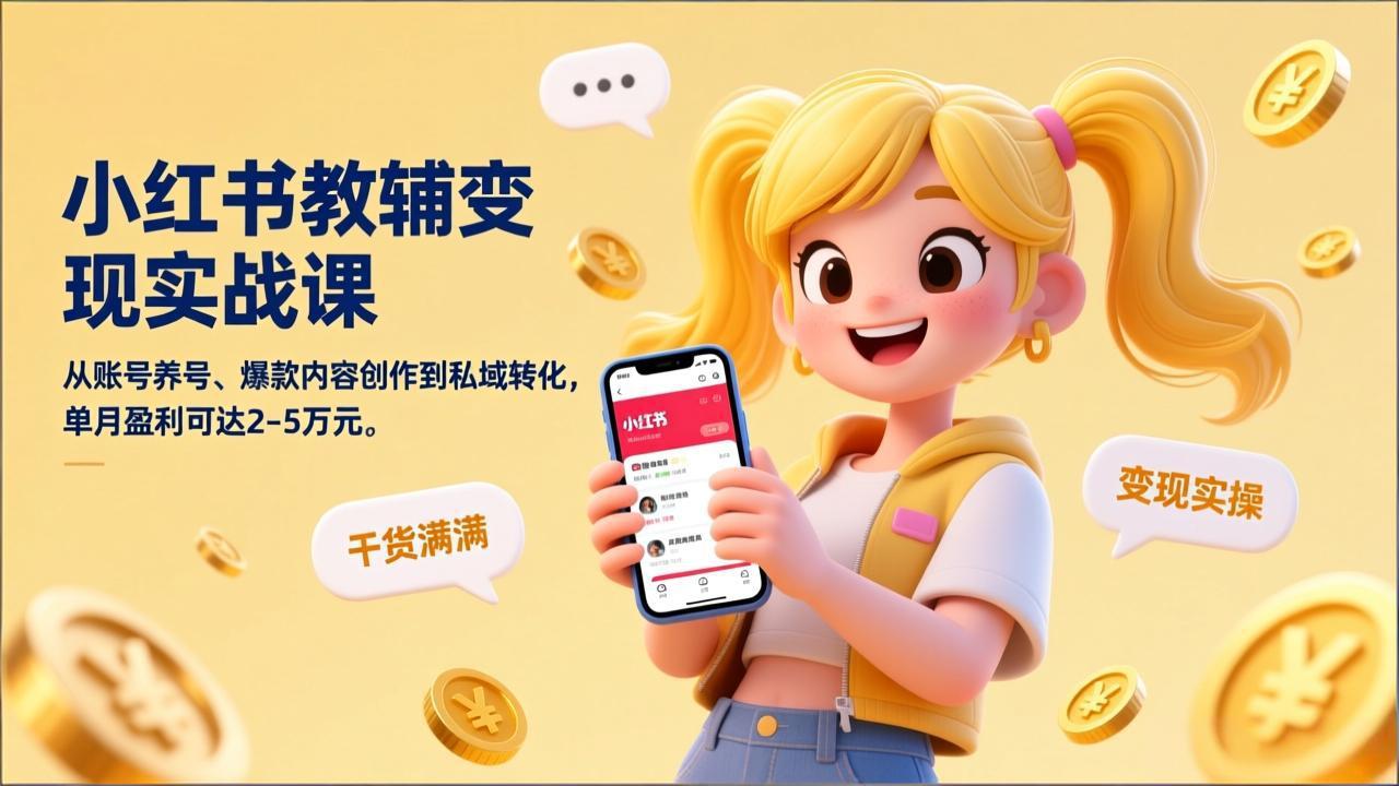 小红书教辅变现实战课，从账号养号、爆款内容创作到私域转化，单月盈利可达2-5万元-铜臭网