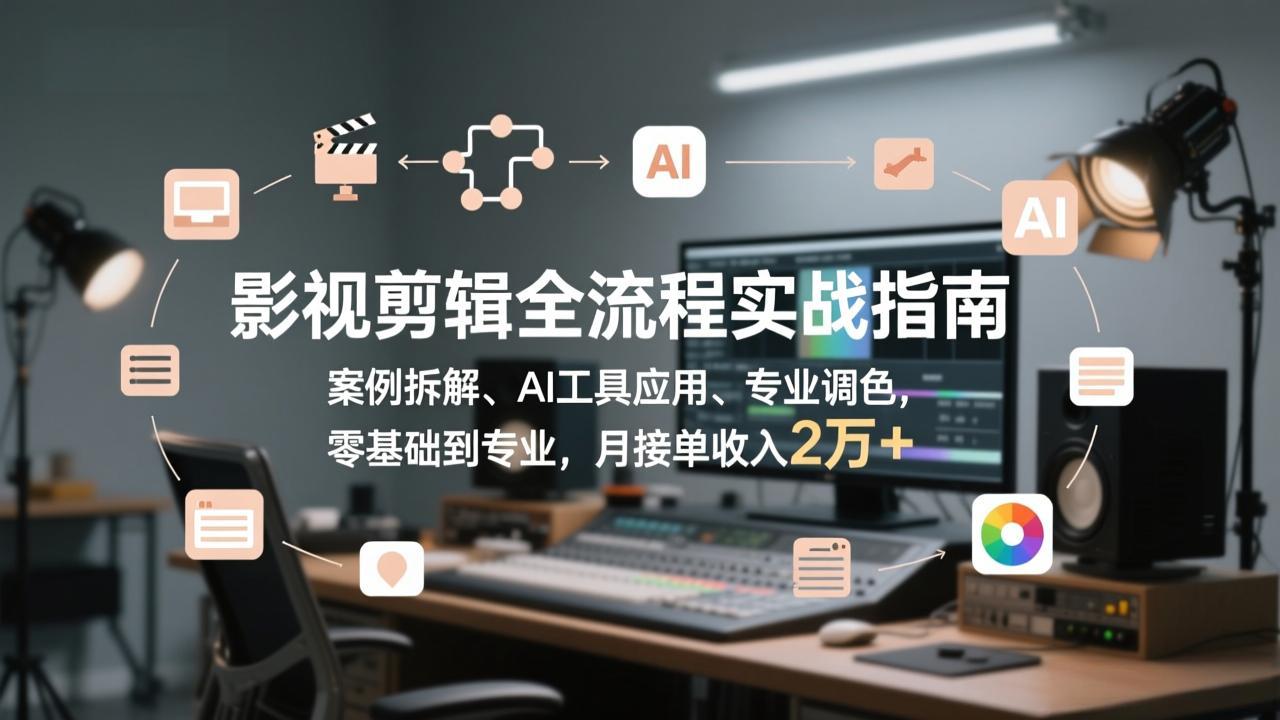 影视剪辑全流程实战指南，案例拆解、AI工具应用、专业调色，零基础到专业，月接单收入2万+-铜臭网