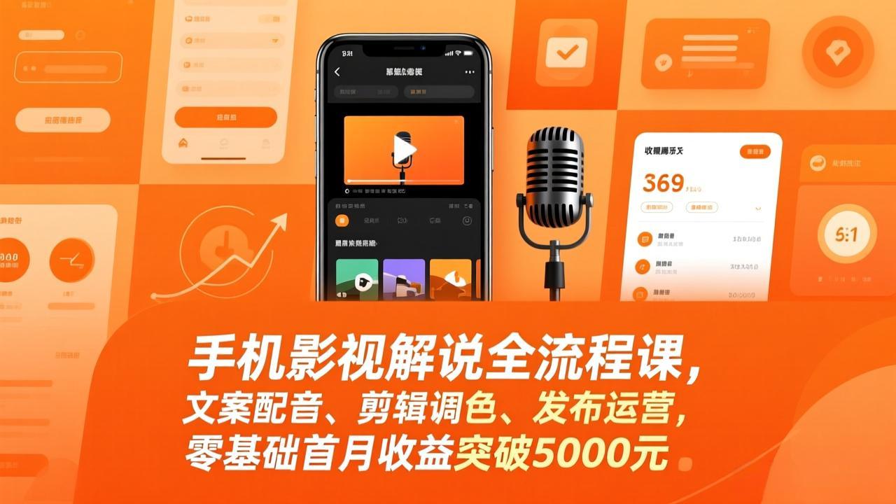 手机影视解说全流程课，文案配音、剪辑调色、发布运营，零基础首月收益突破5000元-铜臭网