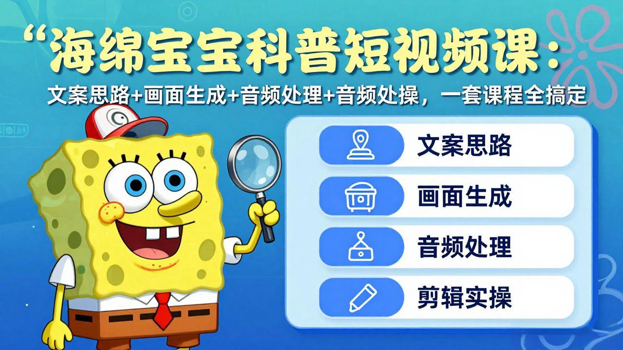 海绵宝宝科普短视频课：文案思路+画面生成+音频处理+剪辑实操，一套课程全搞定-铜臭网