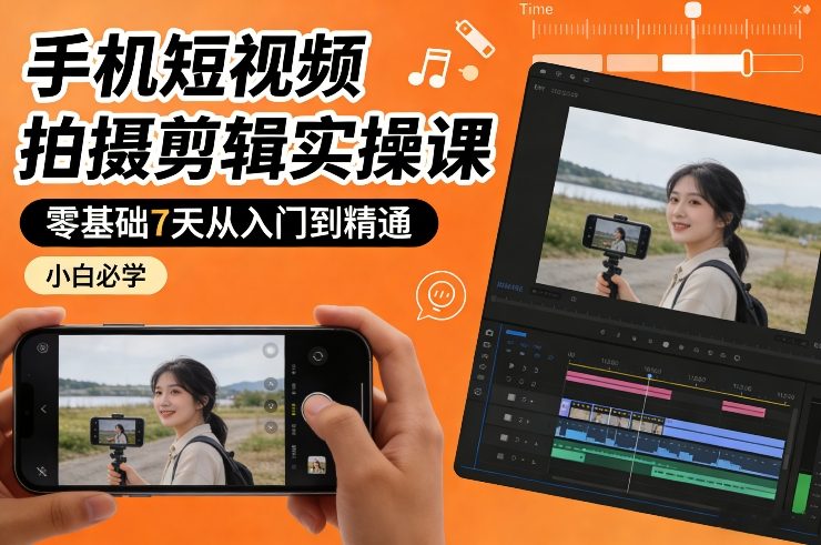 手机短视频拍摄剪辑实操课，零基础7天从入门到精通，小白必学-铜臭网