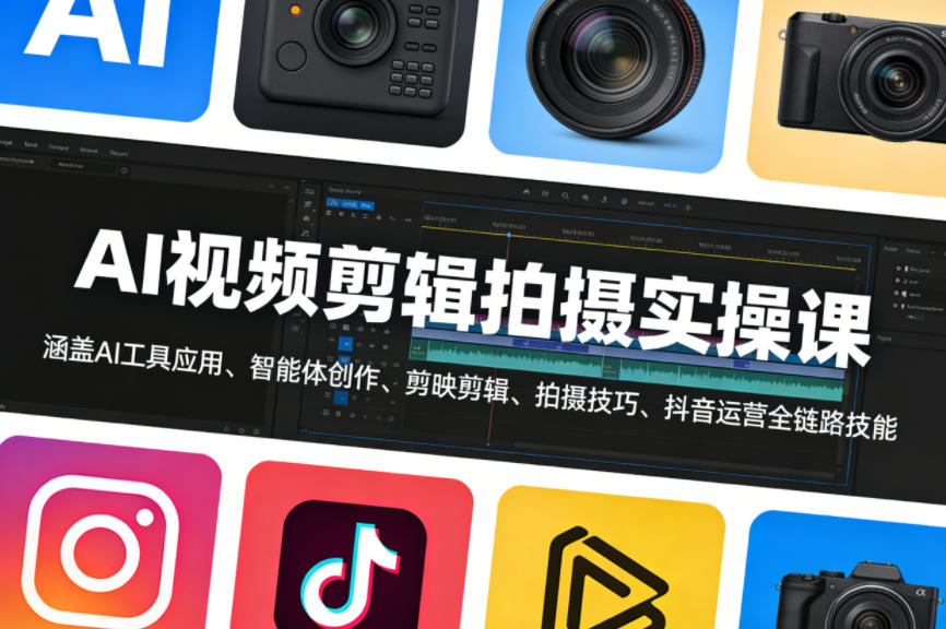 AI视频剪辑拍摄实操课，涵盖AI工具应用、智能体创作、剪映剪辑、拍摄技巧、抖音运营等全链路技能-铜臭网