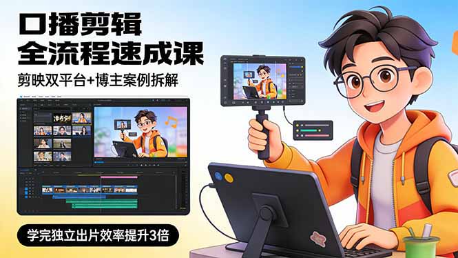 口播剪辑全流程速成课，剪映双平台+博主案例拆解，学完独立出片效率提升3倍-铜臭网