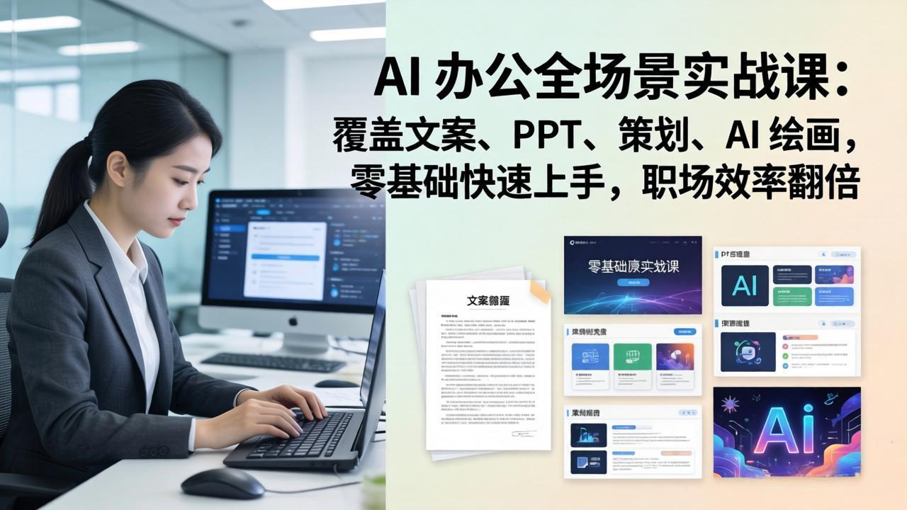 AI 办公全场景实战课：覆盖文案、PPT、策划、AI 绘画，零基础快速上手，职场效率翻倍-铜臭网