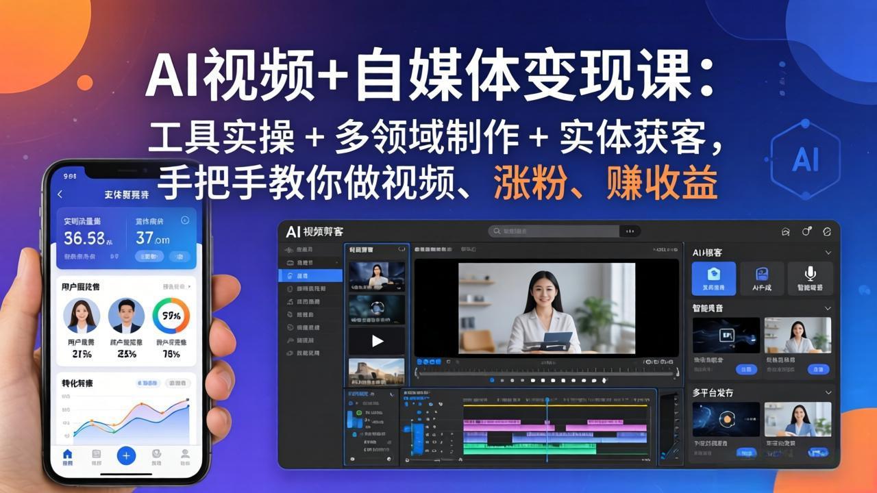 AI视频+自媒体变现课：工具实操 + 多领域制作 + 实体获客，手把手教你做视频、涨粉、赚收益-铜臭网