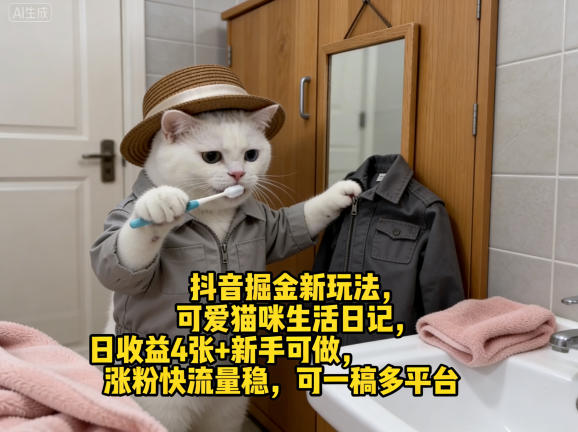 抖音掘金新玩法，可爱猫咪生活日记，日收益4张+新手可做，涨粉快流量稳，可一稿多平台-铜臭网